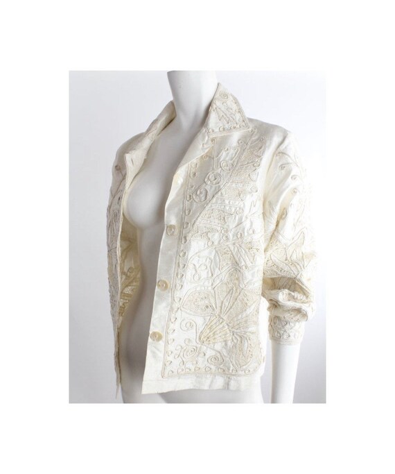 Vintage Beaded Soutache Dupioni Silk Jacket | Bone