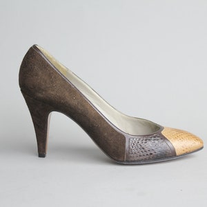 sz 6 Vintage Maserati Two Tone Shoes Snakeskin Leather Pumps Colorblock High Heels Mint Condition 36 image 1