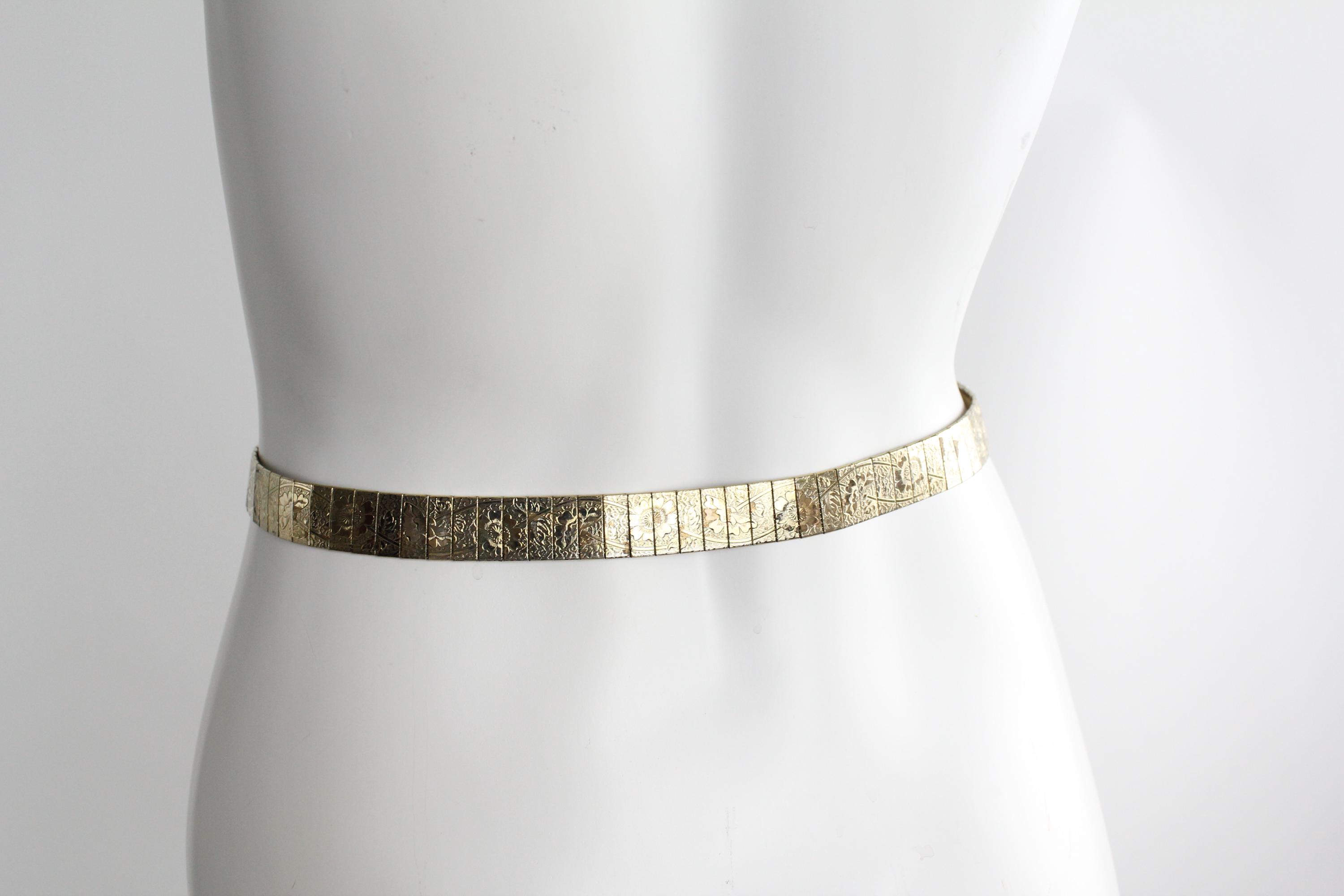 Elegant Etched Gold Metal Belt size 30 Golden Western Antique Gold Floral Engraved Buckle Genuine  main image 4