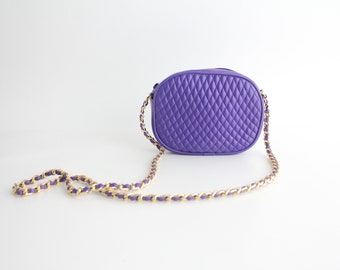 Vintage 1980s Purple Quilted Purse | Purple and Gold Faux Leather Bag | Chain Link Crossbody Bag