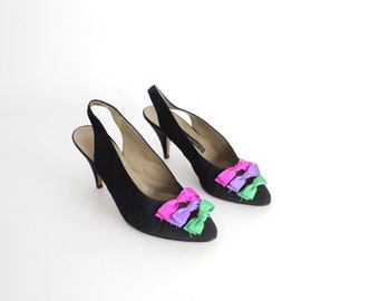 sz 6.5 Vintage Triple Bow Slingback Heels | Sidonie Larizzi Black Faille Shoes | Made in Italy | 37