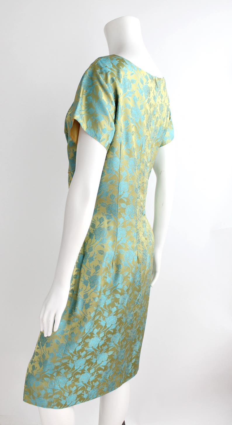 1960s Curved Dart Hourglass Dress Vintage Sateen Damask Sheath Floral Cocktail Dress L image 9