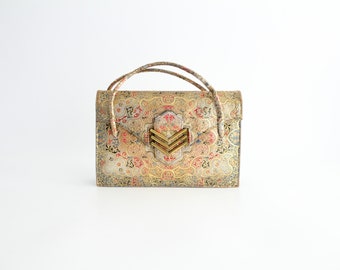Vintage 1950s Damascene Style Leather Handbag | Ornate Gold Structured Leather Bag
