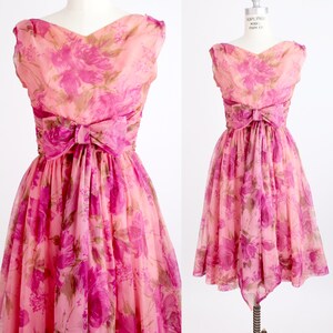 Vintage 1950s Fit and Flare Dress Ruched Waist Garden Dress Nylon Chiffon Floral Print Dress XXS image 10