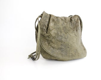 Vintage 80s Textured Leather Bag | Olive Leather Shoulder Bag | Large Slouchy Leather Purse