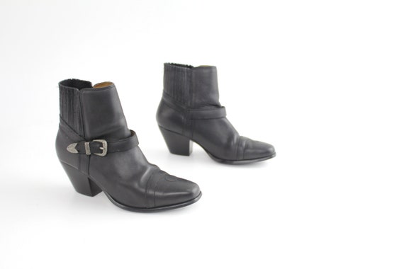 sz 7 Vintage Leather Buckle Ankle Boots | Western… - image 3