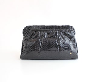 Vintage 1970s Pleated Snakeskin Clutch Bag | Black Lizard Evening Bag | Etienne Aigner Handbag