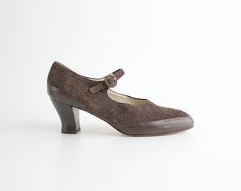 sz 9.5 Never Worn Joan & David Mary Jane Shoes | Rounded Toe Leather Pumps | Nubuck and Smooth Leather Mary Jane Shoes | Handmade in Italy
