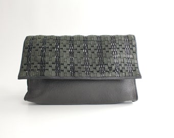 Vintage Intrecciato Leather Clutch Bag | Black and Dark Olive Woven Leather Bag | Large Grained Leather Clutch | Made in Spain