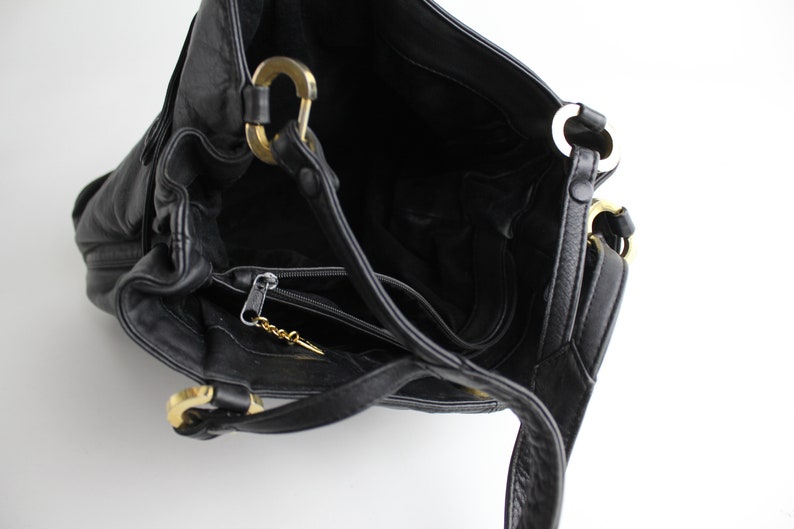 Vintage 1980s Leather Purse Belted Cinch Top Shoulder Bag Supple Black Leather Bag image 9