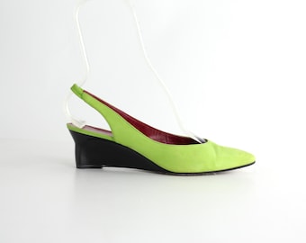 sz 8 Vintage Charles Jourdan Lime Green Nubuck Leather Slingback Wedges | 1990s Pointed Toe Bright Leather Heels | Made in France | 38.5