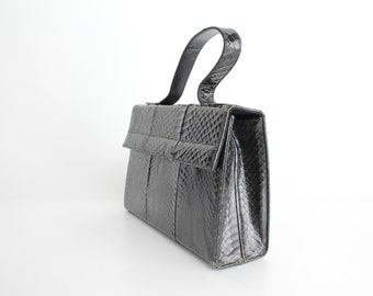 Vintage 1950s Snakeskin Handbag | Sleek Black Box Purse | Minimalist Snakeskin Structured Bag