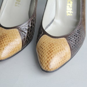 sz 6 Vintage Maserati Two Tone Shoes Snakeskin Leather Pumps Colorblock High Heels Mint Condition 36 image 3