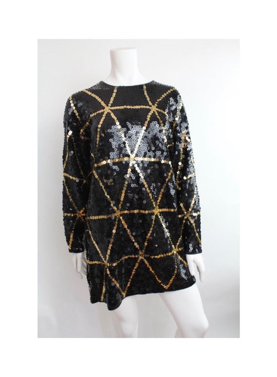 Vintage Black and Gold Sequin Dress | Geometric Se