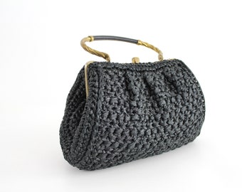 Vintage 1960s Crochet Straw Handbag | Morris Moskowitz Black Straw Bag | Large Woven Straw Bag with Brass and Leather Handle