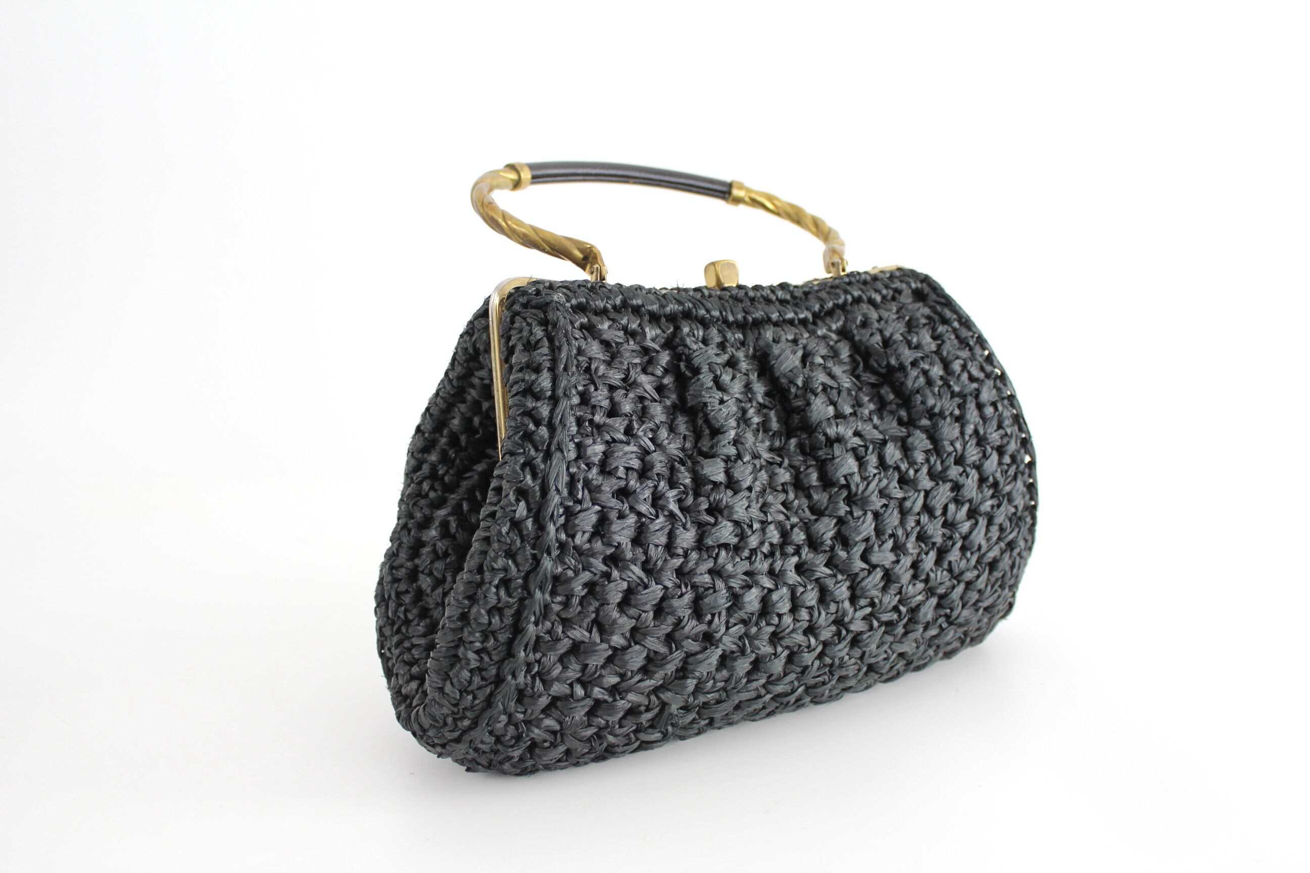 Vintage 1960s Crochet Straw Handbag Morris Moskowitz Black 
