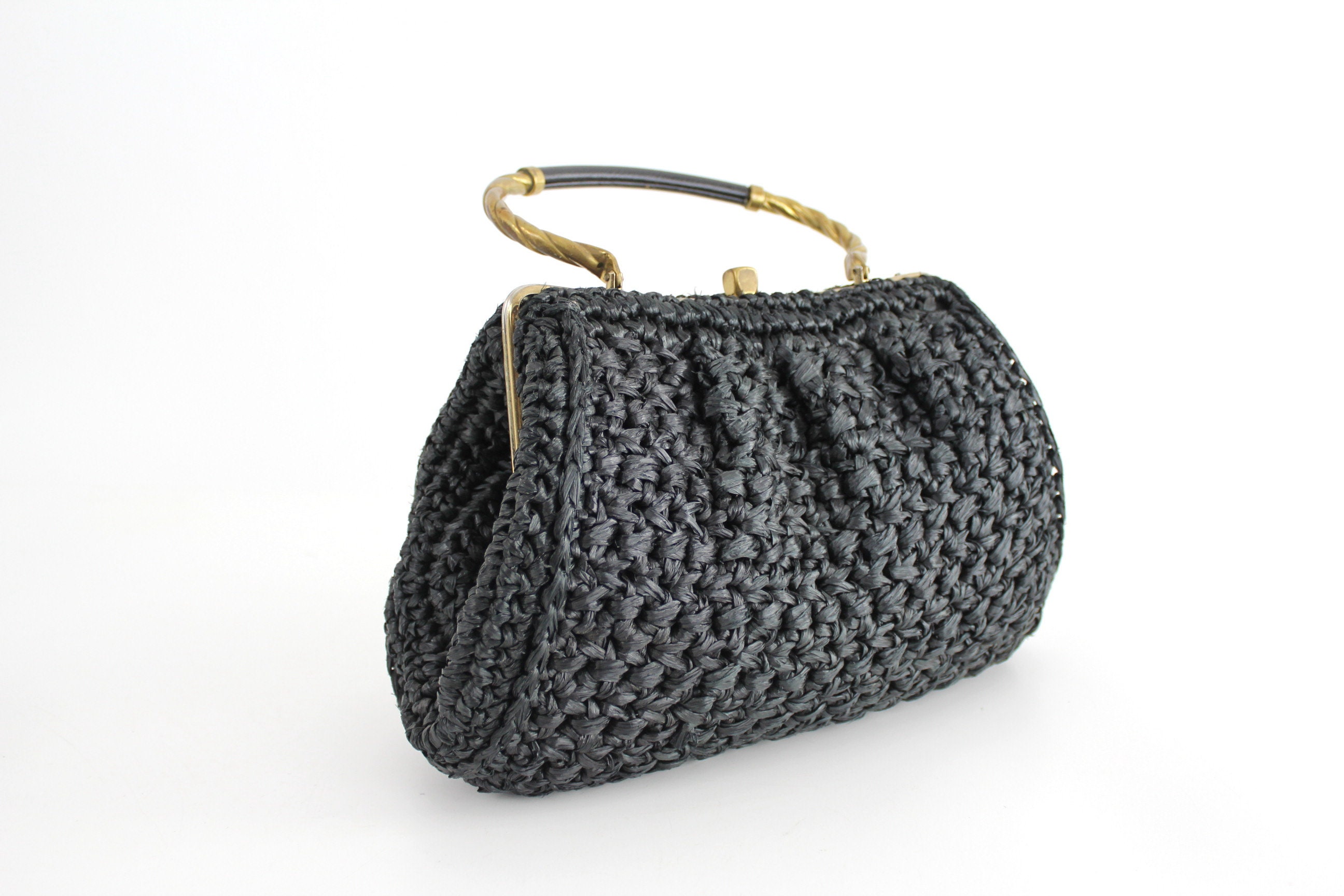Vintage 1960s Crochet Straw Handbag | Morris Moskowitz Black Straw
