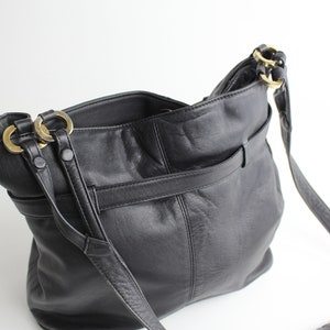 Vintage 1980s Leather Purse Belted Cinch Top Shoulder Bag Supple Black Leather Bag image 7