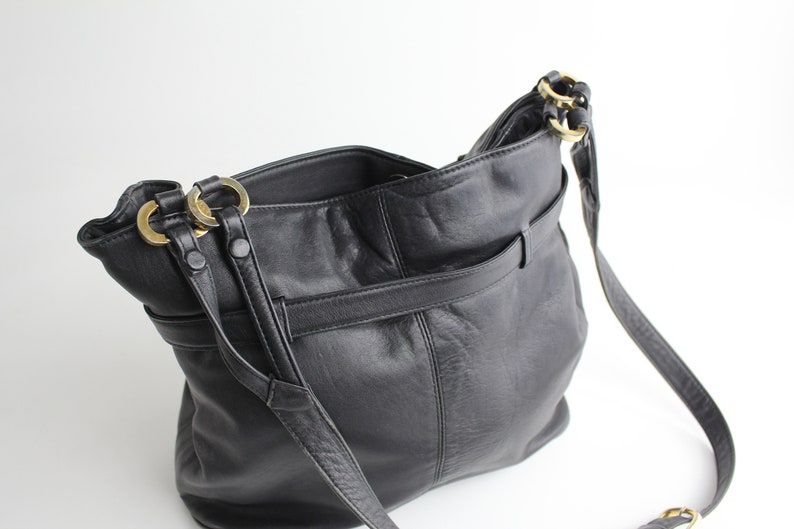 Vintage 1980s Leather Purse Belted Cinch Top Shoulder Bag Supple Black Leather Bag image 7
