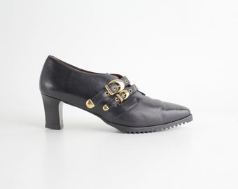 size 8.5 Never Worn Double Buckle Shoes | Vintage Marinella Black Leather Shooties | Squared Toe Leather Heels | 39