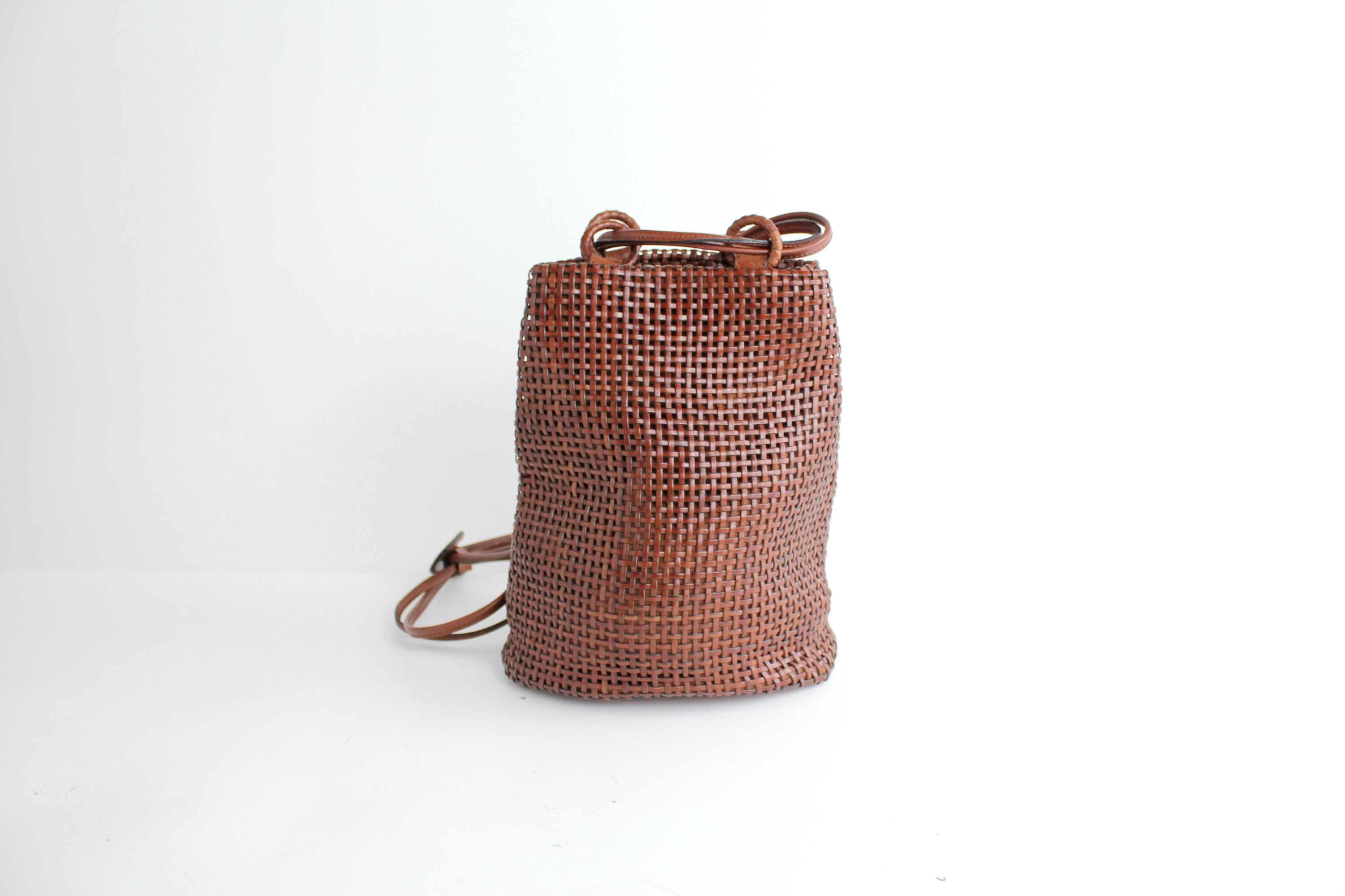 Vintage 90s Woven Leather Backpack Brown Woven Leather Small Backpack Intrecciato Leather Sling Sack Etsy