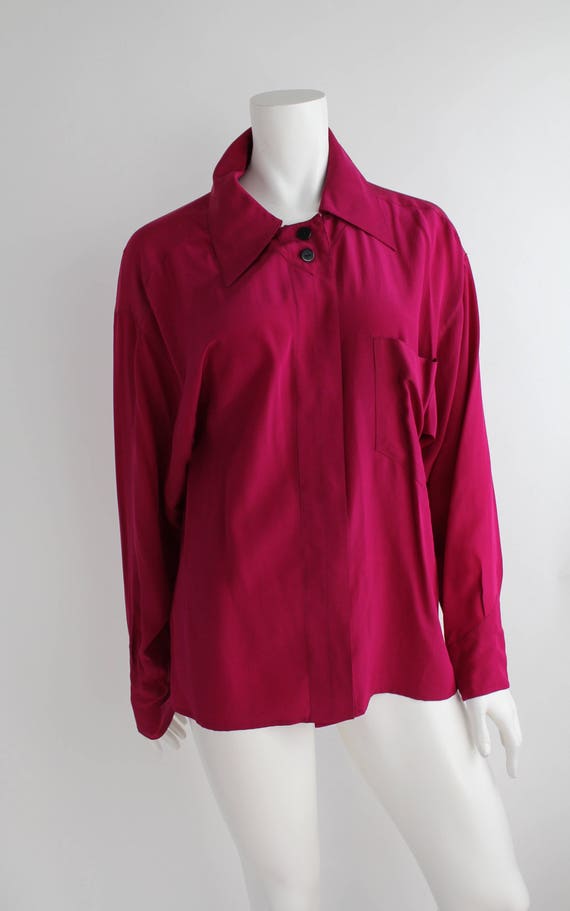 Vintage Karl Lagerfeld Silk Blouse Crimson Red Silk Shirt Draped 