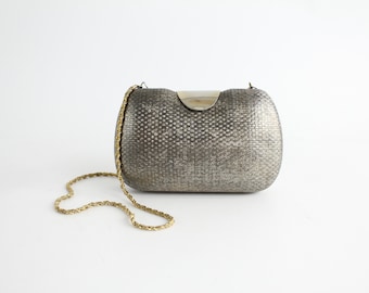 Vintage 1960s Minaudière | Woven Texture Metal Box Clutch Bag | Magid Twisted Rope Chain Shoulder Strap Evening Bag | Hand Made in Italy