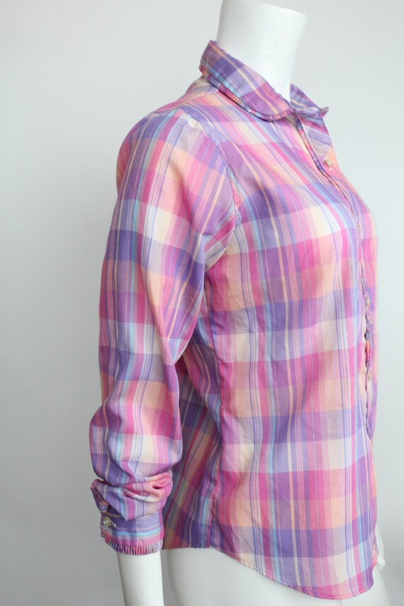 Vintage 1980s Pastel Plaid Cotton Top | Cotton Bu… - image 5