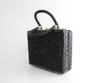 Vintage 1960s Textured Rattan Handbag | Large Lacquered Rattan Structured Bag | Gaymode Wicker and Leather Purse