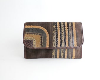 Vintage 1970s Carlo Falchi Clutch Bag | Exotic Snakeskin and Leather Envelope Clutch | Foldover Patchwork Leather Bag