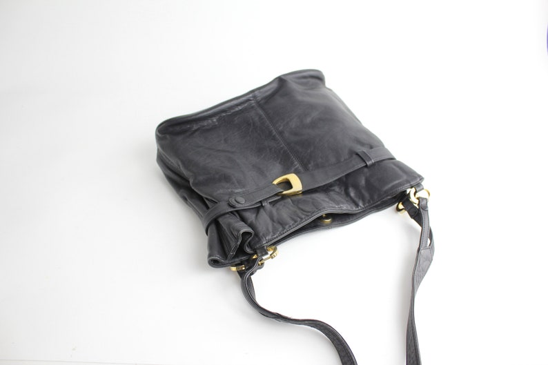 Vintage 1980s Leather Purse Belted Cinch Top Shoulder Bag Supple Black Leather Bag image 10