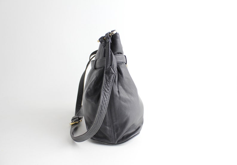 Vintage 1980s Leather Purse Belted Cinch Top Shoulder Bag Supple Black Leather Bag image 5