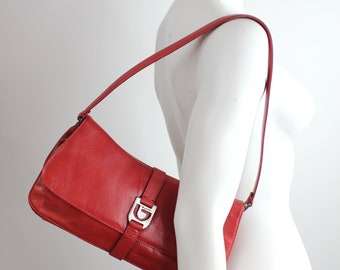 BYBLOS Red Leather Baguette Bag | Y2K Leather Shoulder Bag | Vintage Byblos Leather Handbag | Made in Italy