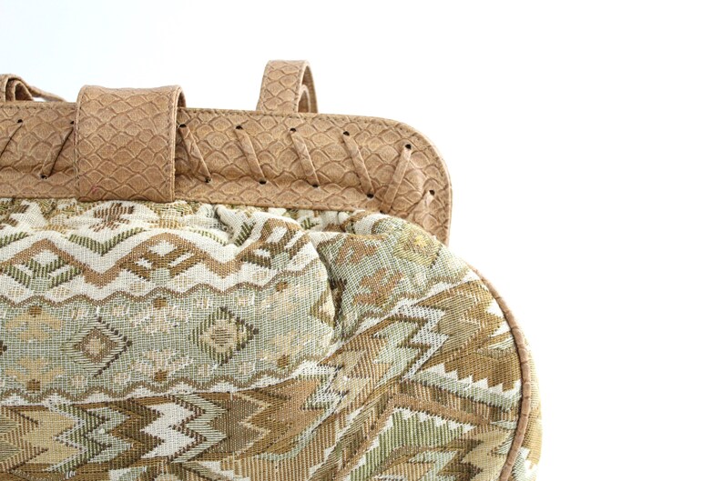 Vintage 1980s Woven Tapestry Purse Neutral Vegan Faux Leather Handbag Mixed Media Boho Bag image 4