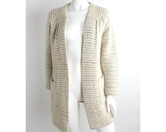 Vintage 1980s Waffle Knit Cardigan | Wool Blend Knit Jacket With Pockets | Long Pale Muted Sweater | Woven Wool Sweater with Shoulder Yoke M