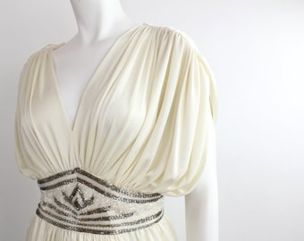 Vintage 1980s Nylon Jersey Dress | Plunging V-Neck Draped Dress | Beaded Banded Waist Party Dress |