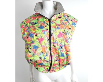 1990s Phenix Neon Reversible Ski Vest | Japanese Vintage Ski Puffy Sleeveless Jacket | Geometric Print Winter Vest | Metallic Silver Vest