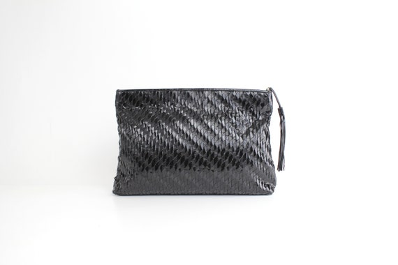 Vintage Intrecciato Leather Clutch Bag | Black Pa… - image 6