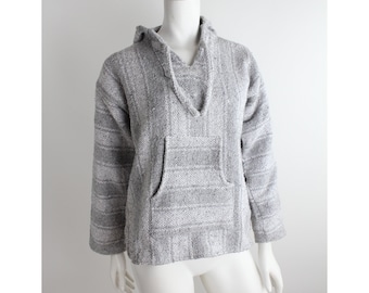 pull à capuche vintage Baja Beach | Poncho de surfeur | Haut en maille neutre gris pâle | XS à S