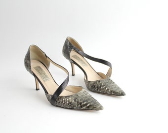 sz 9 Vintage Pancaldi d'Orsay Pumps | Pointed Toe Python and Leather Heels | Asymmetrical Mary Jane Stiletto Shoes | Made in Italy | 40