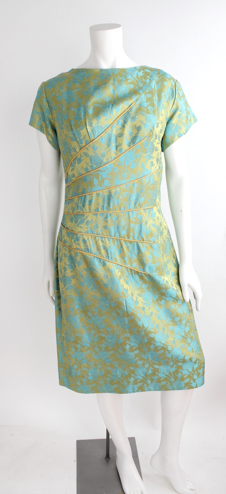 1960s Curved Dart Hourglass Dress Vintage Sateen Damask Sheath Floral Cocktail Dress L image 2