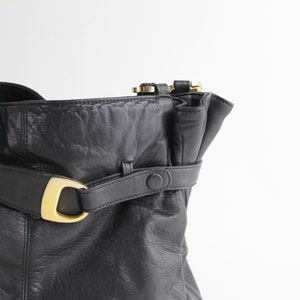 Vintage 1980s Leather Purse Belted Cinch Top Shoulder Bag Supple Black Leather Bag image 3
