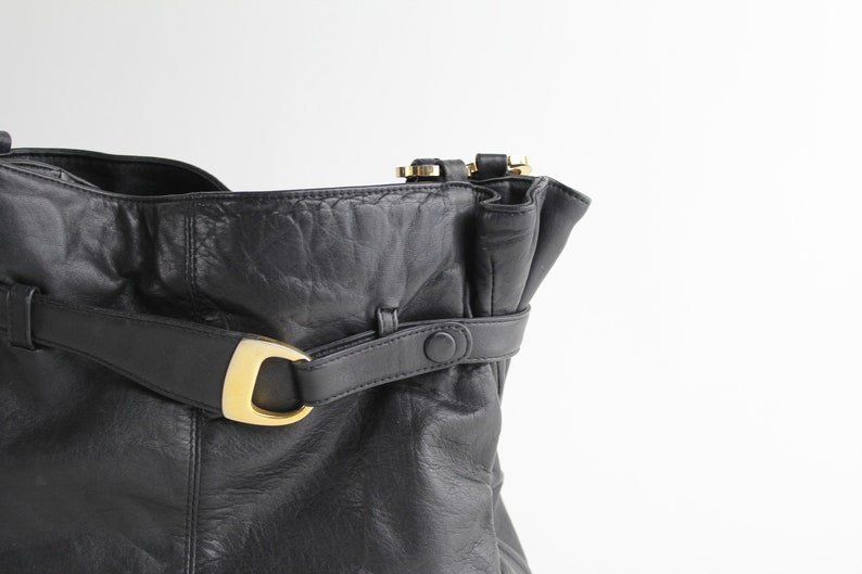 Vintage 1980s Leather Purse Belted Cinch Top Shoulder Bag Supple Black Leather Bag image 3