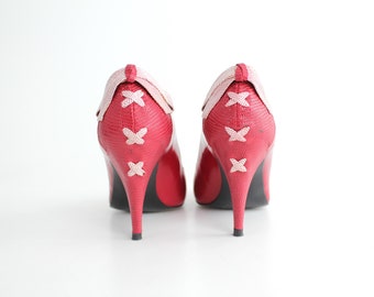 sz 5.5 Vintage Lipstick Red Leather Corset Back Pumps | Cute 1980s Back Bows Leather High Heel Shoes | 35.5