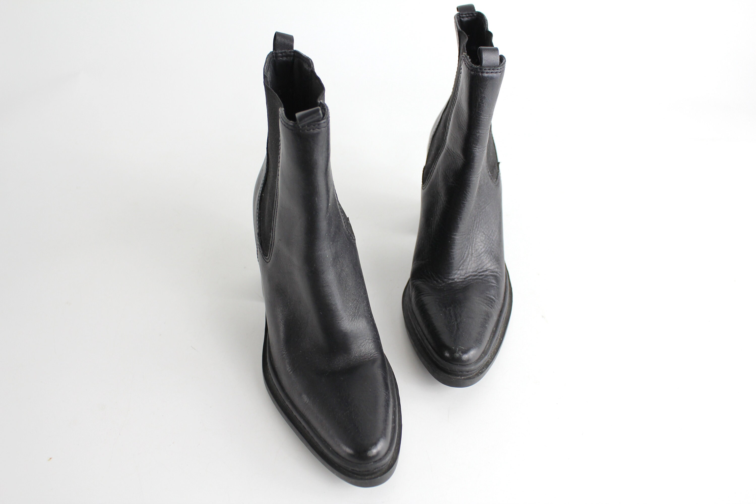 Sz 6.5 Pointed Toe Leather Ankle Boots | Vintage 1990s Stacked