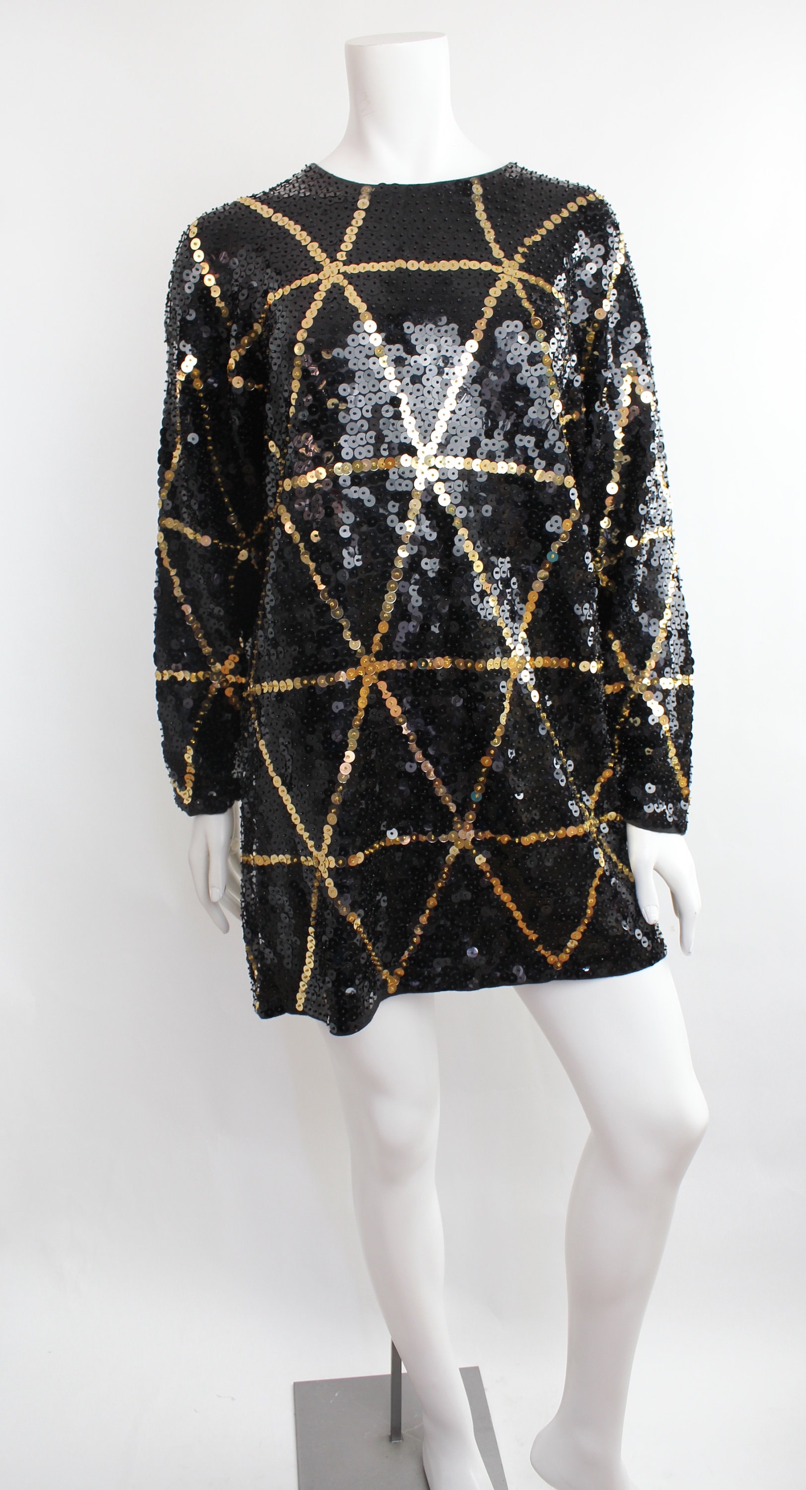 Vintage Black and Gold Sequin Dress | Geometric Sequin Party Mini Dress | M