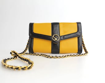 Vintage St. John Leather Crossbody Bag | Black and Yellow Leather Envelope Clutch Bag | St. John Leather Shoulder Bag with Chain Link Strap