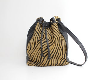 Vintage Leather Bucket Bag | Zebra Print Hair-On Leather Purse | Drawstring Cinch Top Shoulder Bag | Made in Italy