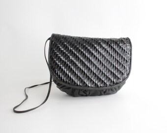Vintage Intrecciato leren handtas jaren 80 | Geweven lakleren schoudertas | Gezwollen leren clutch | Gemaakt in de VS