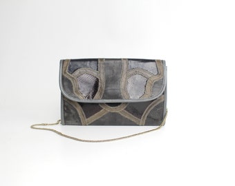 Vintage 1970s Leather Envelope Handbag | Leather and Snakeskin Patchwork Handbag | Lizard Embossed Leather Purse | Leather Patchwork Clutch